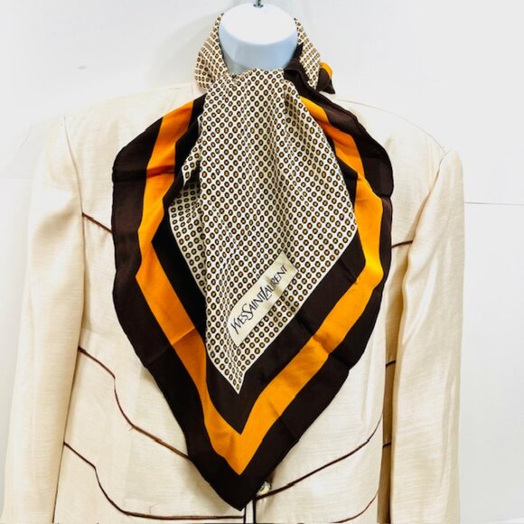 Vgt  Yves Saint Laurent  scarf 100% silk satin/rayon 30" Brown Orange dott (27) - Picture 4 of 10